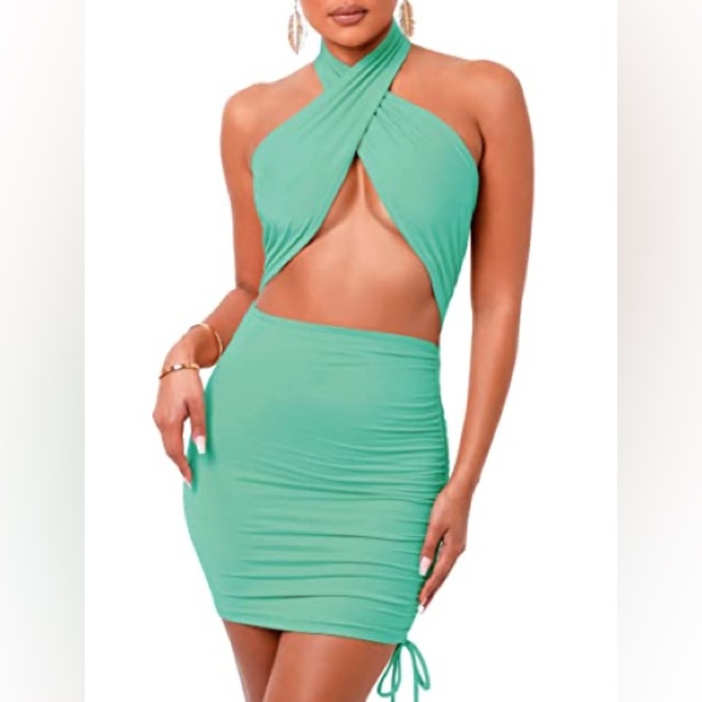 My Outfit Online Crossover Halter Neck Bodycon Mini Dress Mint Green Size Large
